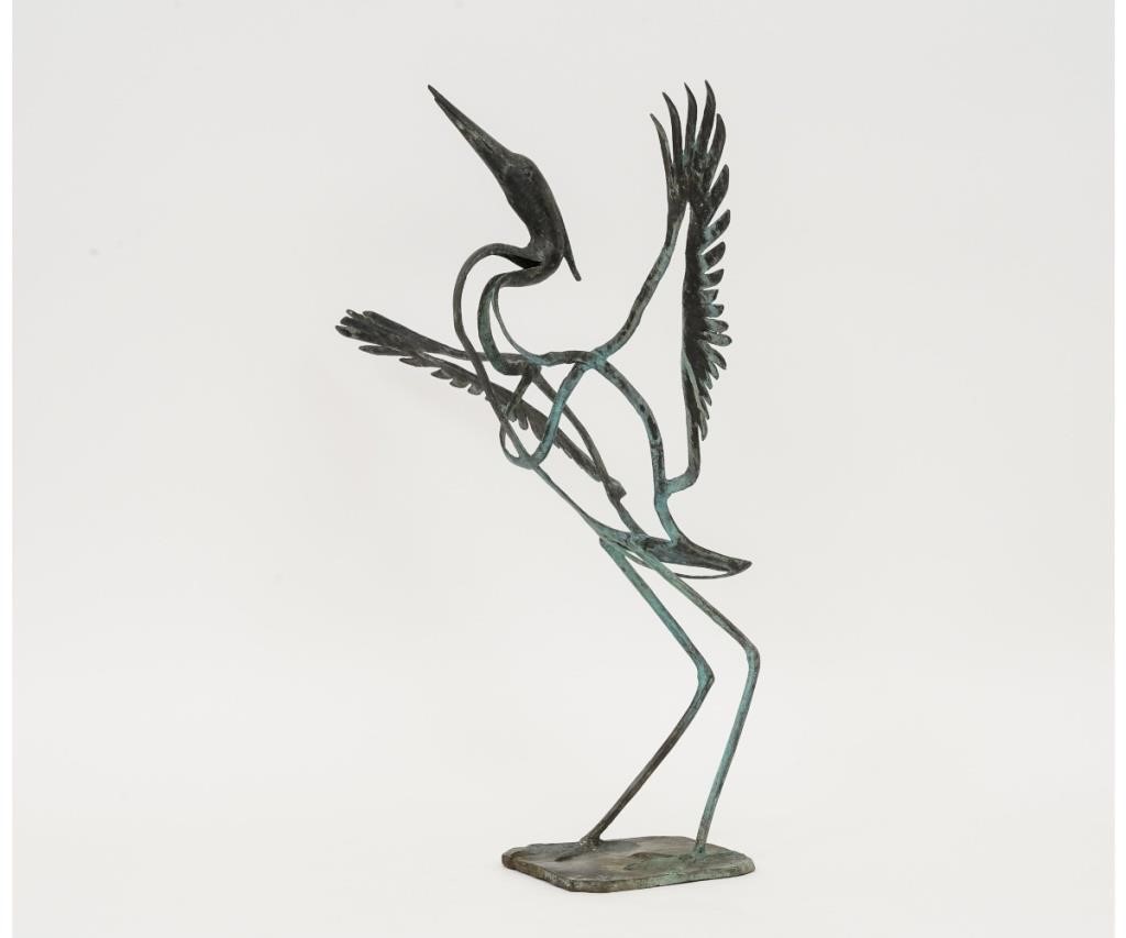 Bronze verdigris of a flying Heron,
