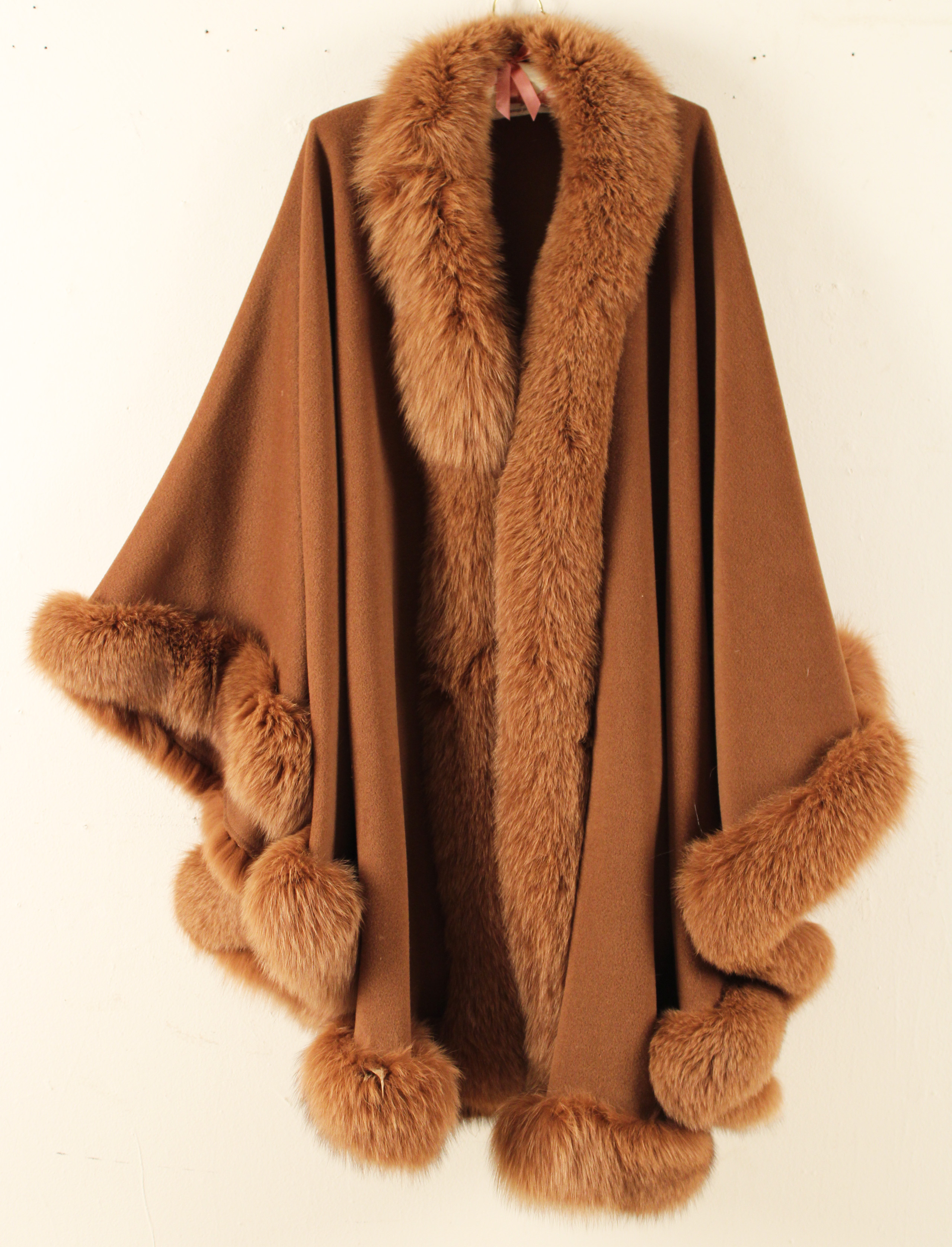 BROWN ANGORA SHAWL WITH FUR TRIM