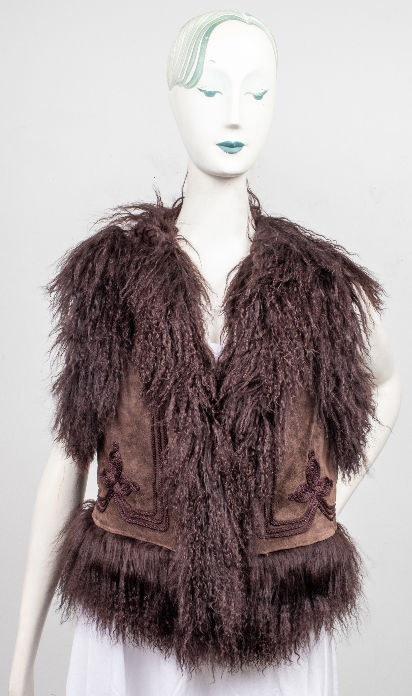BROWN EMBROIDERED SUEDE AND LAMB