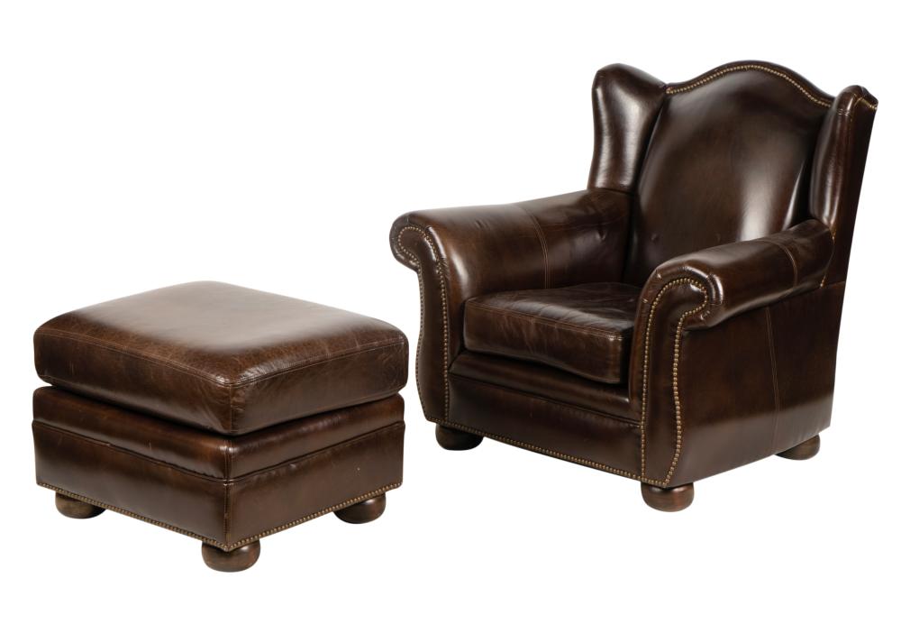 BROWN LEATHER ARMCHAIR AND