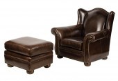 BROWN LEATHER ARMCHAIR AND OTT
