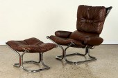 BROWN LEATHER LOUNGE CHAIR & O