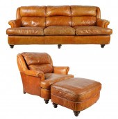 BROWN LEATHER SOFA AND CLUB CH