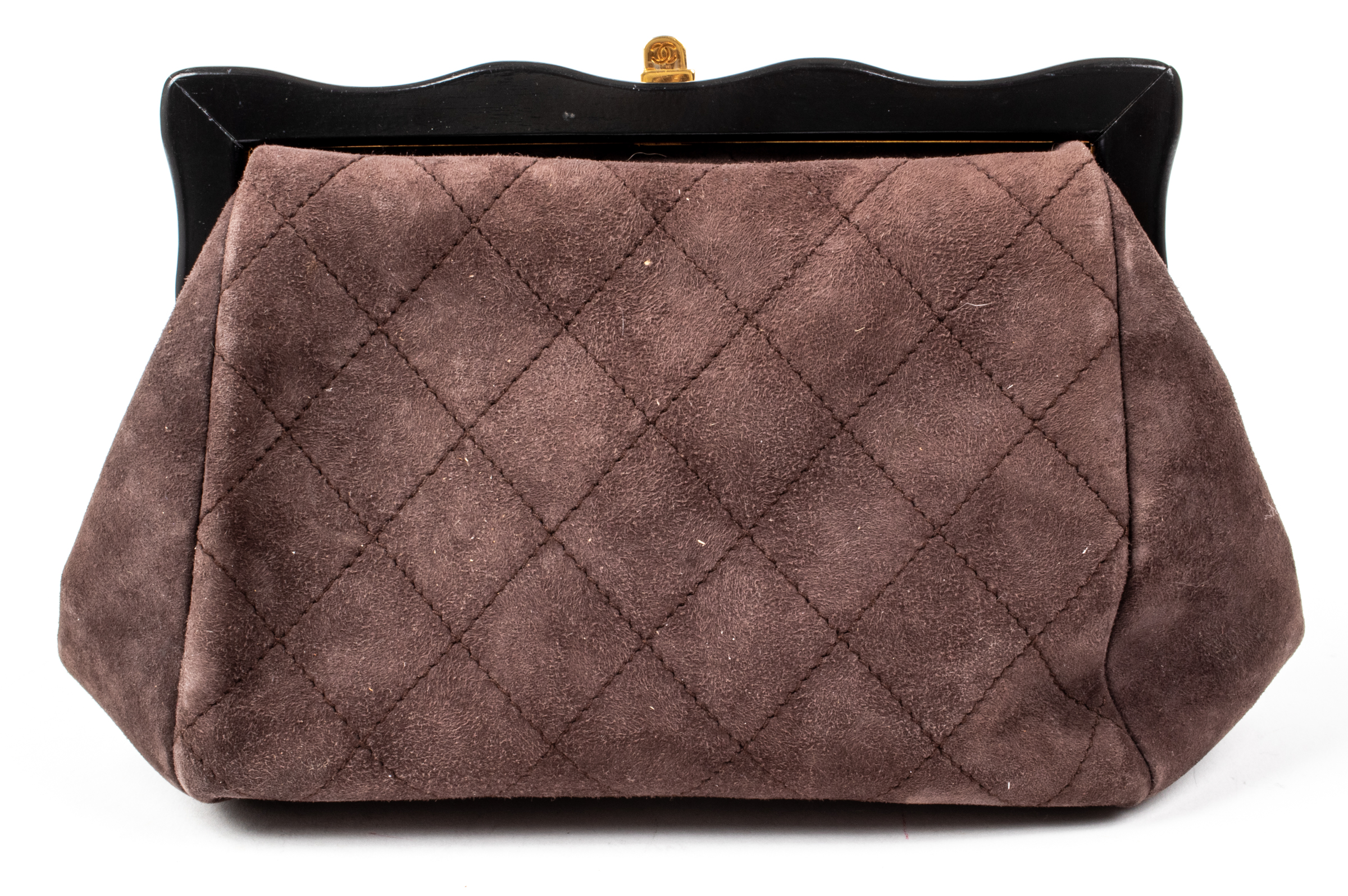 BROWN QUILTED SUEDE AND WOOD CLUTCH
