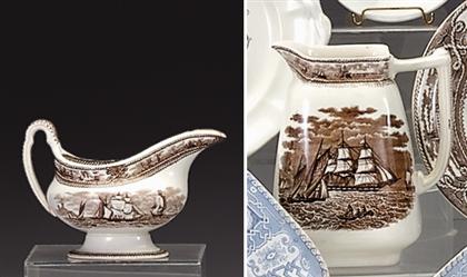 Brown transferware pitcher and