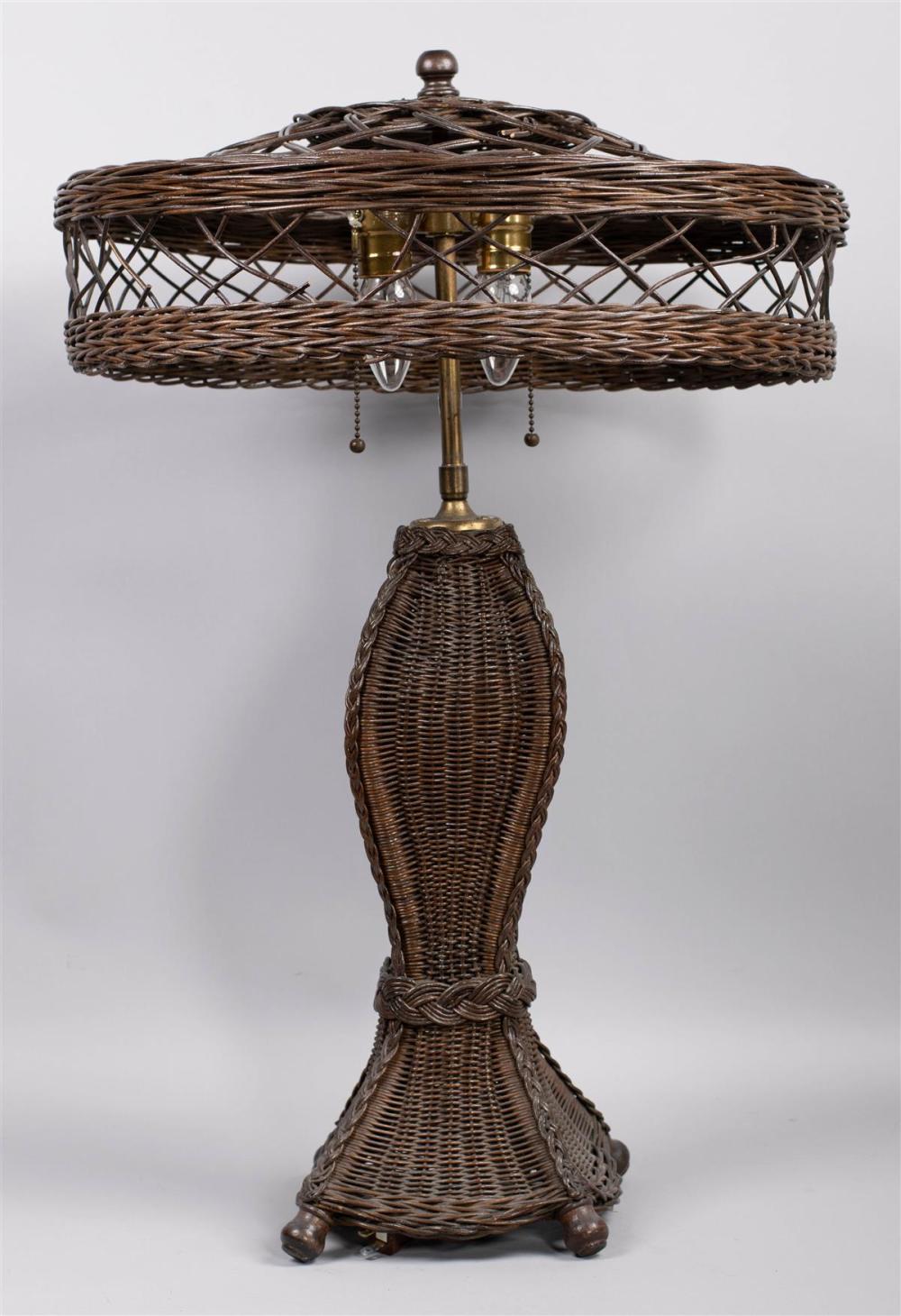 BROWN WICKER TABLE LAMP WITH