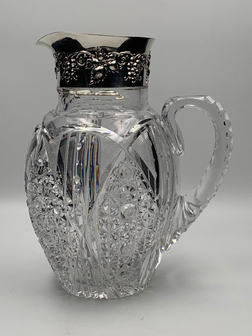 BULBOUS CUT GLASS JUG, STERLING