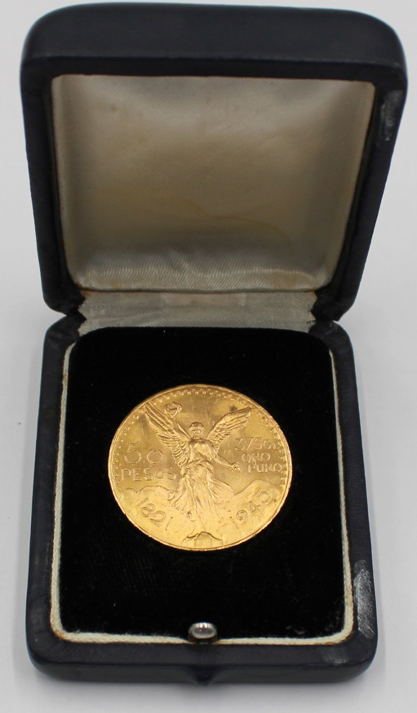 BULLION. 1945 50 PESOS MEXICAN GOLD