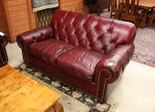 BURGUNDY LEATHER LOVESEAT, LEA