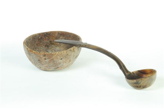 BURL BOWL AND HORN LADLE.  Probably