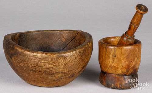 BURL BOWL AND MORTAR AND PESTLE,