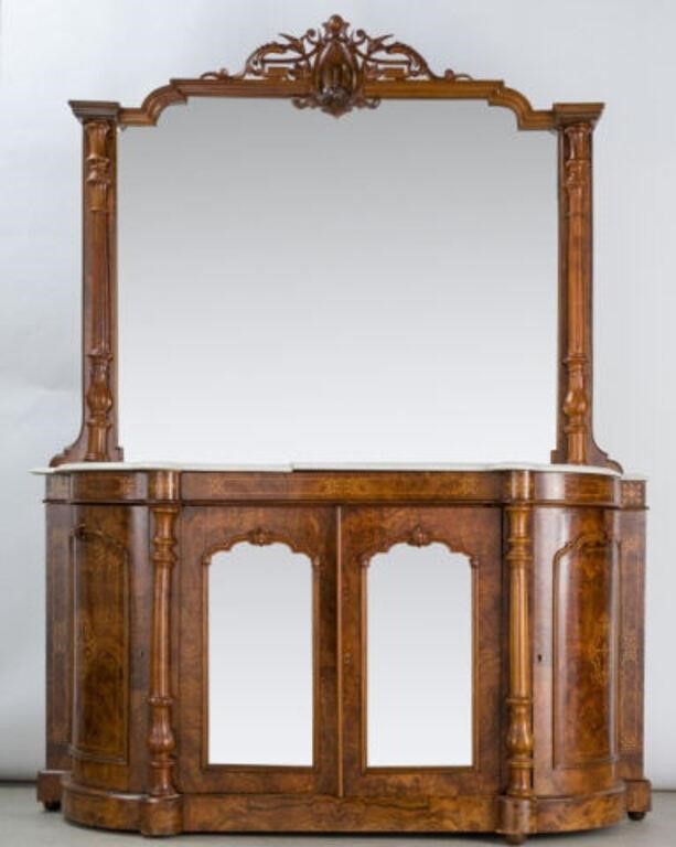 BURLED WALNUT CREDENZA & MIRRORA