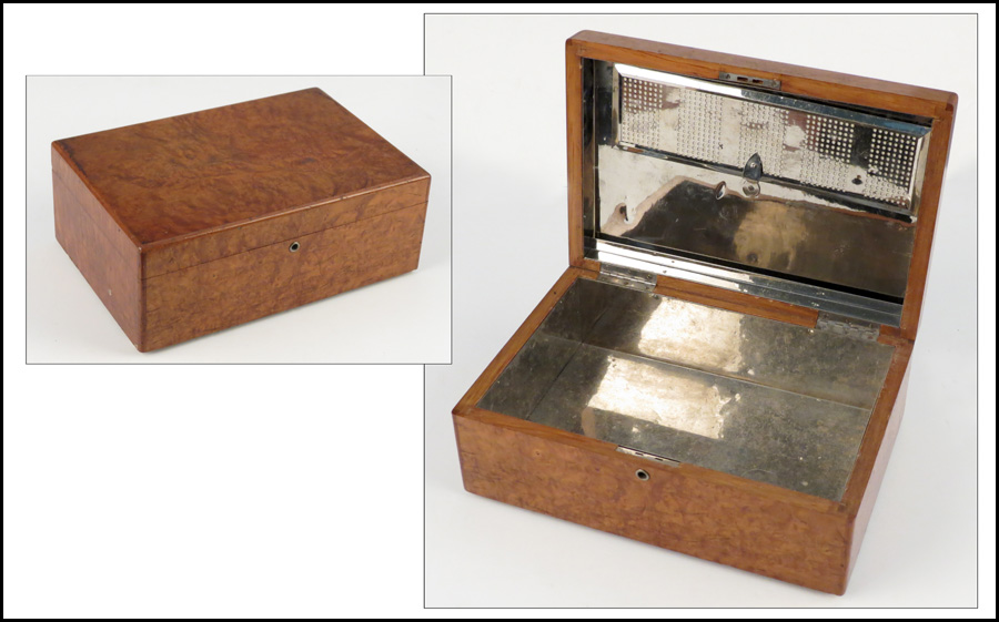 BURLWOOD HUMIDOR. H: 4.5'' W: