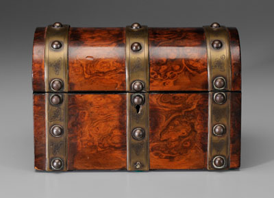 Burlwood tea caddy, brass bands