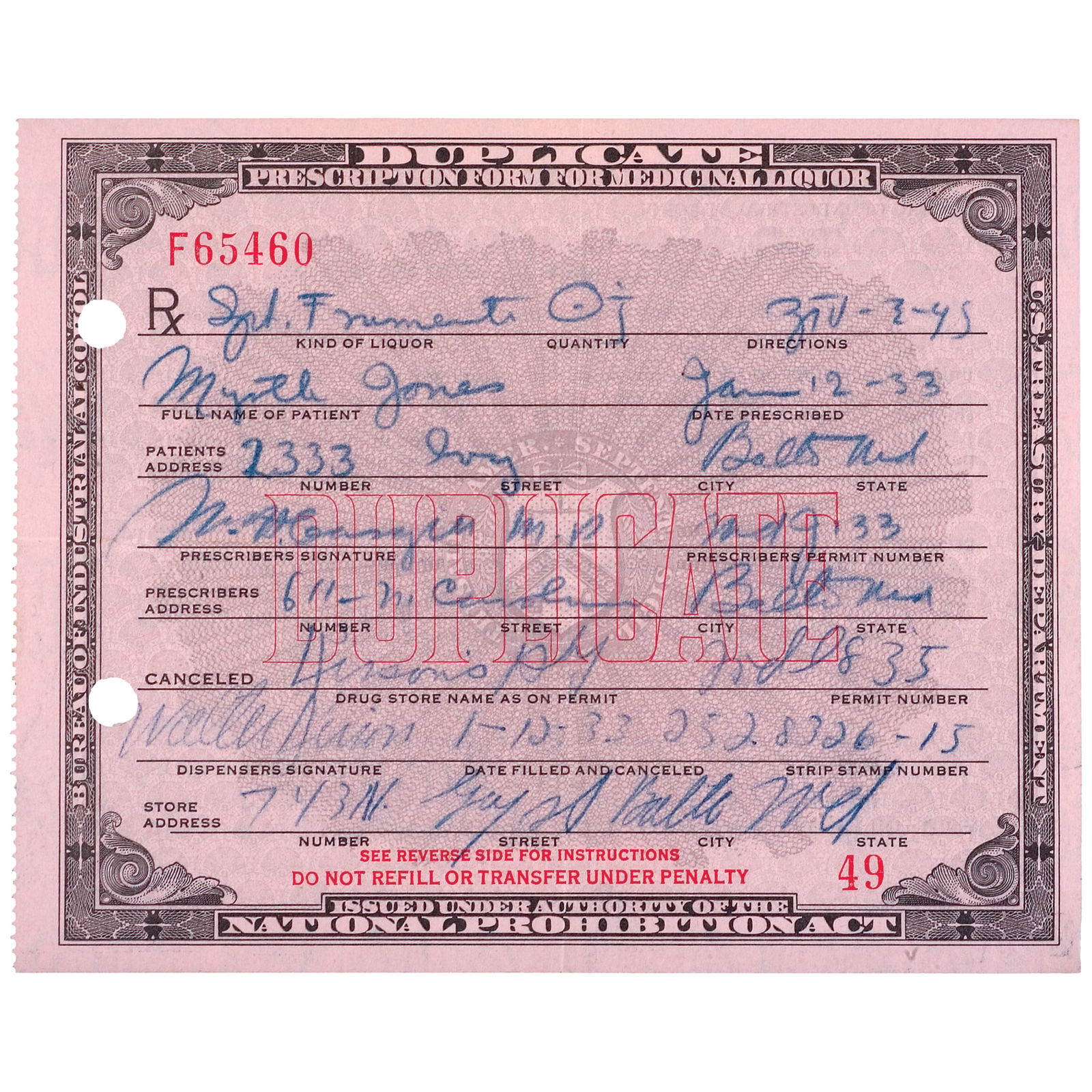 C 1919 USED PRESCRIPTION FOR