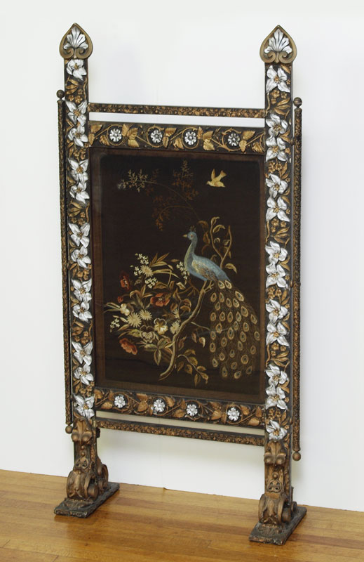CA. 1880'S EMBROIDERED FIRE SCREEN: