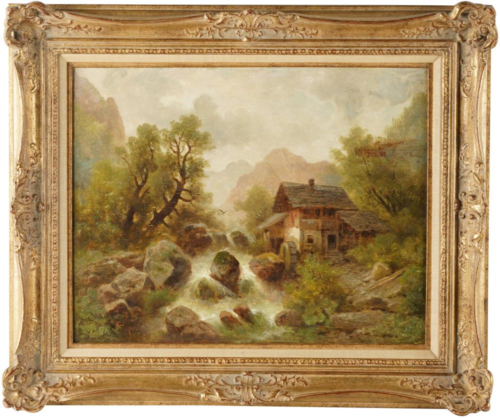 CABIN IN RIVER LANDSCAPEoil on