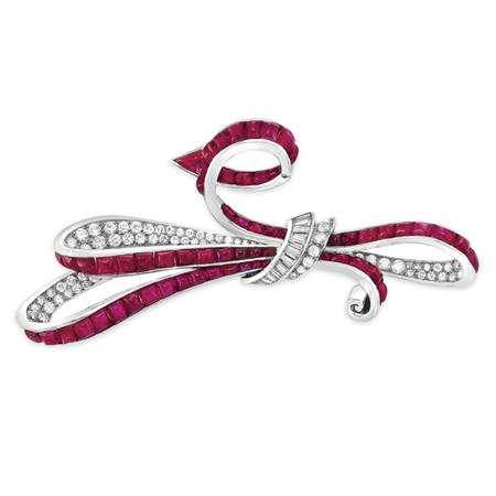 Cabochon Ruby and Diamond Bow