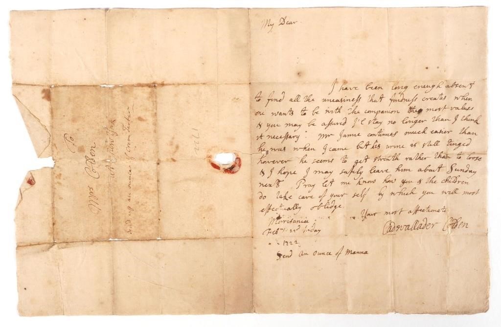 CADWALLADER COLDEN, 1722 LETTERAn