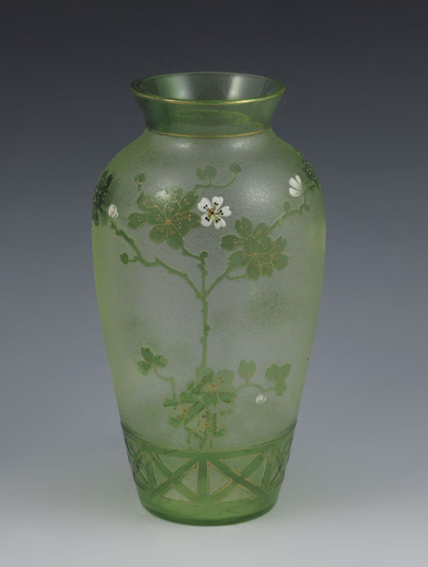 CAMEO GLASS VASE: Green carved to