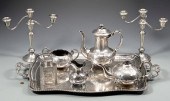 CANDELABRA, TEA SET, TRAY AND