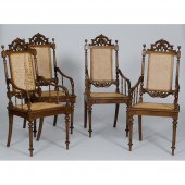 Caned Carved Oak Armchairs Ame
