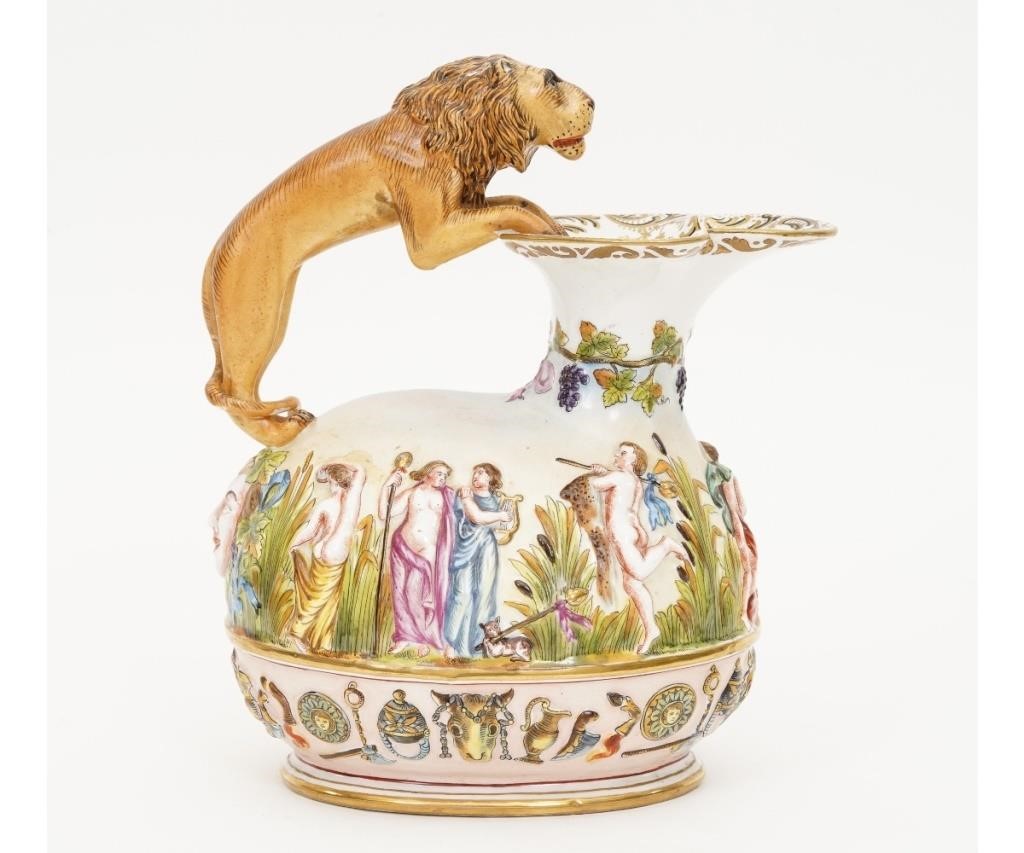 Capodimonte pitcher with lion