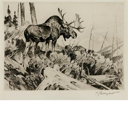 Carl Rungius BROWSING Etching and