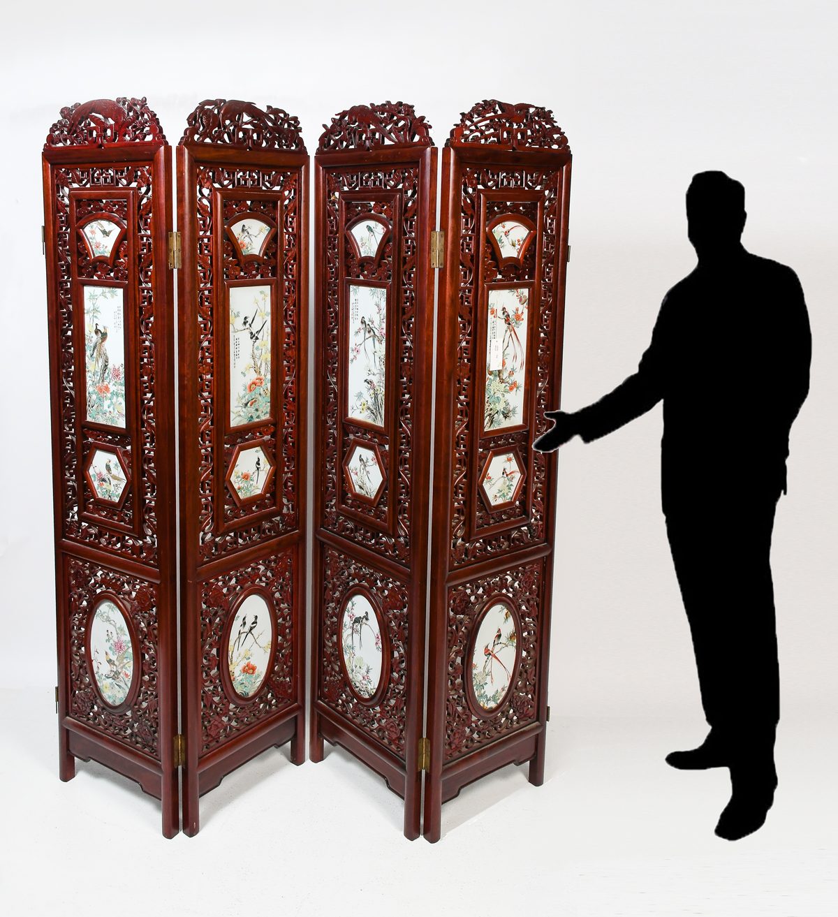 CARVED 4 PANEL SCREEN W/ ENAMELED