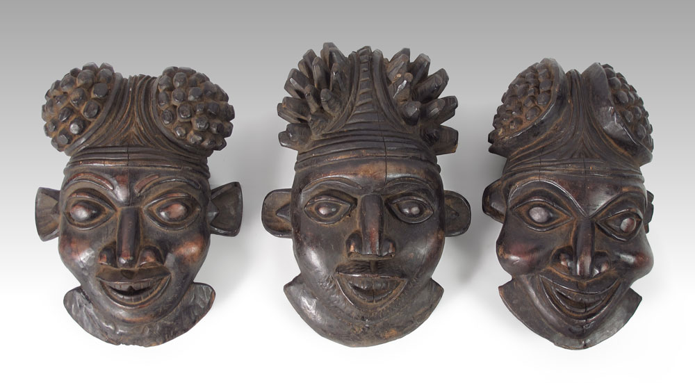 CARVED AFRICAN 3 BAMELEKE MASKS: