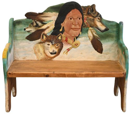 CARVED AND PAINTED BENCHCarved