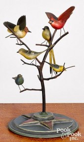 CARVED AND PAINTED BIRD TREE,