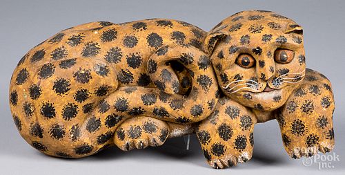 CARVED AND PAINTED CAT, SIGNED P.