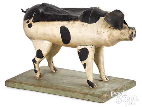 CARVED AND PAINTED PIG PULL TOY,