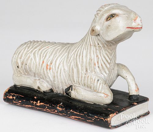 CARVED AND PAINTED RECUMBENT LAMB