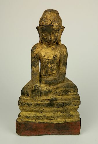 CARVED AND PAINTED WOOD BUDDHA19th/