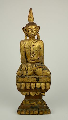 CARVED AND PAINTED WOOD BUDDHA19th/