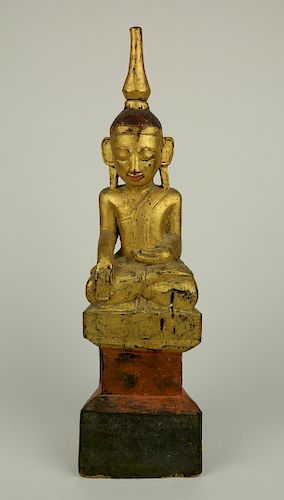 CARVED AND PAINTED WOOD BUDDHA19th/