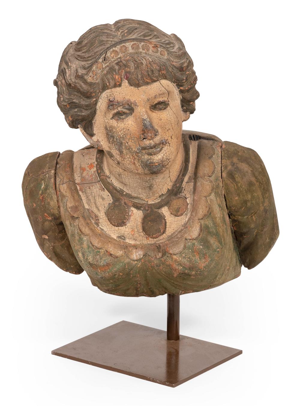 CARVED AND POLYCHROMED BUST OF A