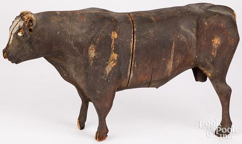 CARVED AND STAINED PINE BULL,