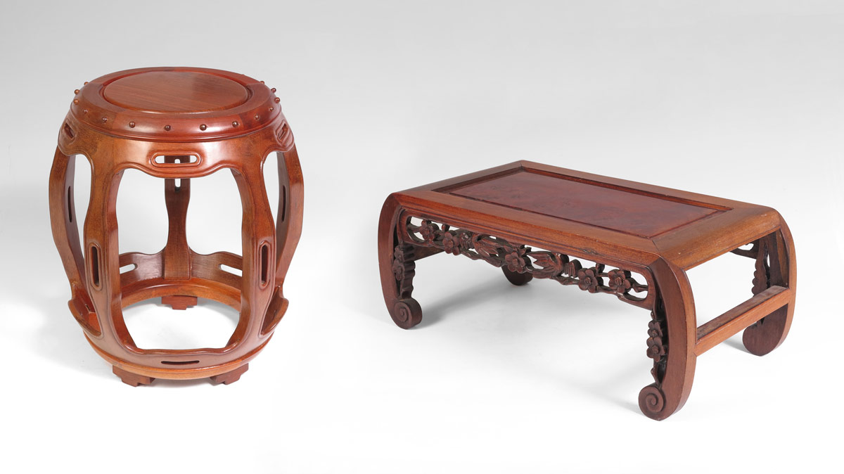 CARVED ASIAN STOOL AND DIMINUTIVE