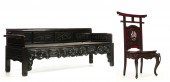 CARVED BENCH AND SIDE CHAIR.