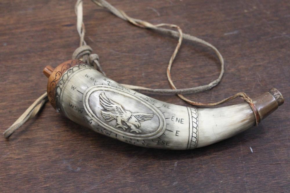 CARVED BLACK POWDER HORNCARVED