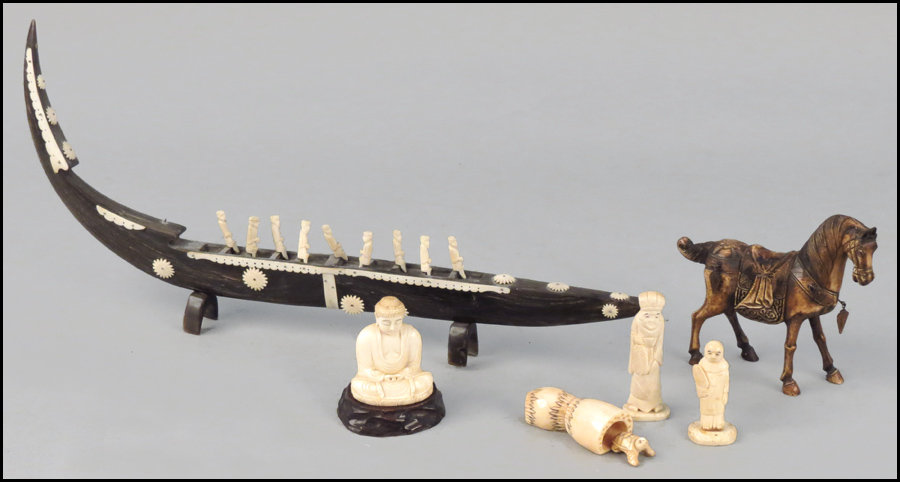 CARVED BONE AND HORN BOAT. Together