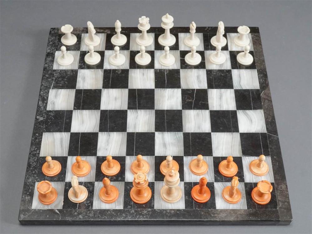 CARVED CHESS SET WITH MARBLE AND