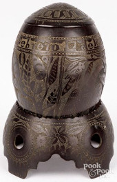 CARVED COCONUT CUP, COVER, AND