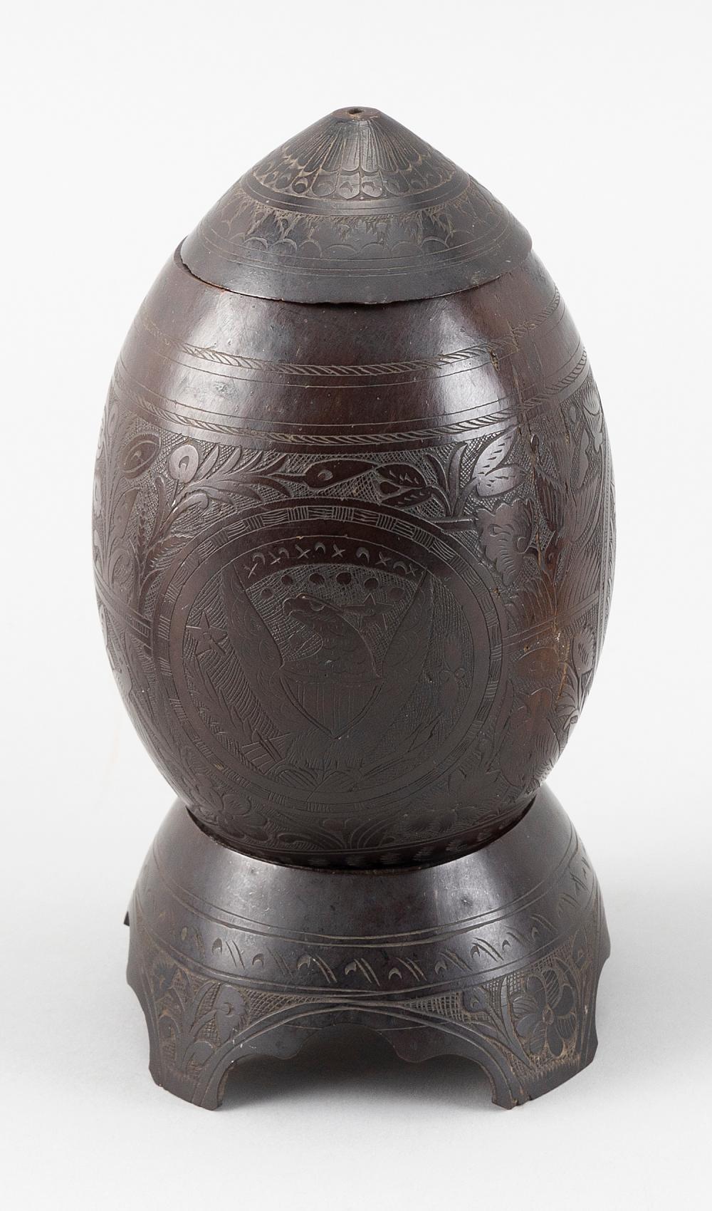 CARVED COCONUT SHELL COVERED BOX ON