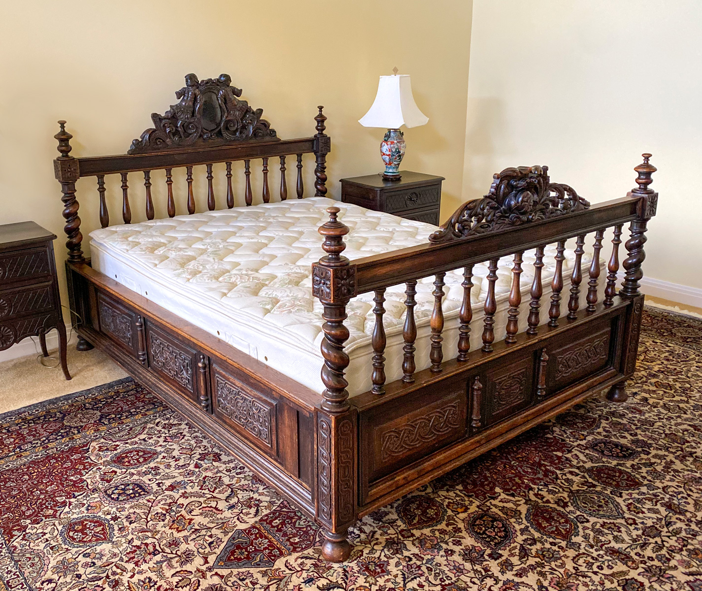 CARVED CUSTOM SIZED ANTIQUE BED: