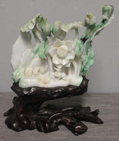 Carved Floral Jadeite on Wooden