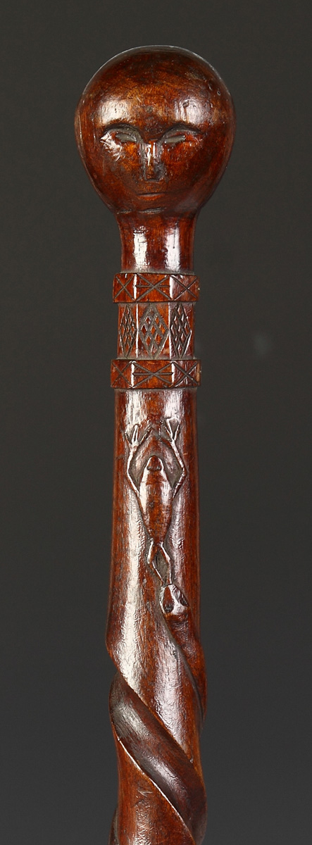 Carved Folk Art Cane W/frog snake